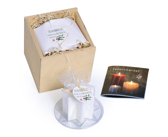 Oliven- oder Raps-Sternkerze in Geschenkwürfel - Sternkerze